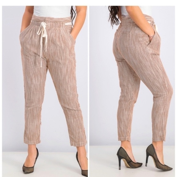 Free People Light At Sunrise Woven Cream/ Brown Crop Pants Size 4 - Picture 6 of 13